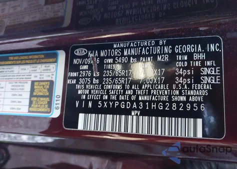 2017 Kia Sorento 2.4L Lx from USA, damaged, VIN 5XYPGDA31HG282956